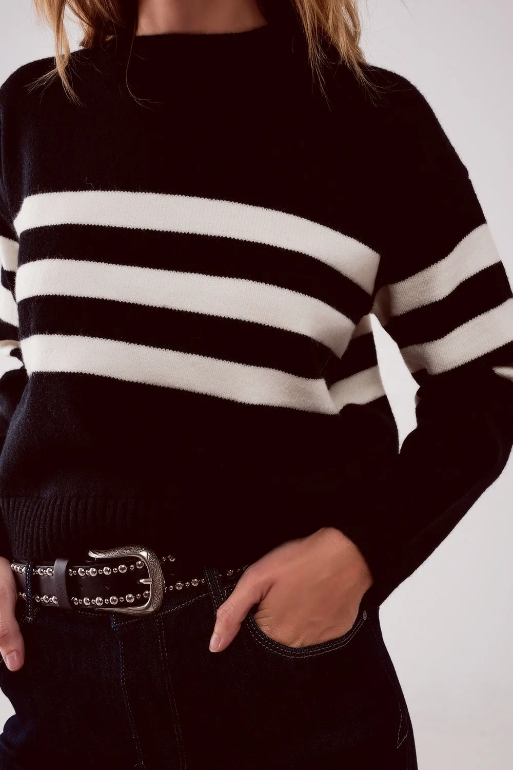 2 in 1 Striped sweater with shirt underlay in black