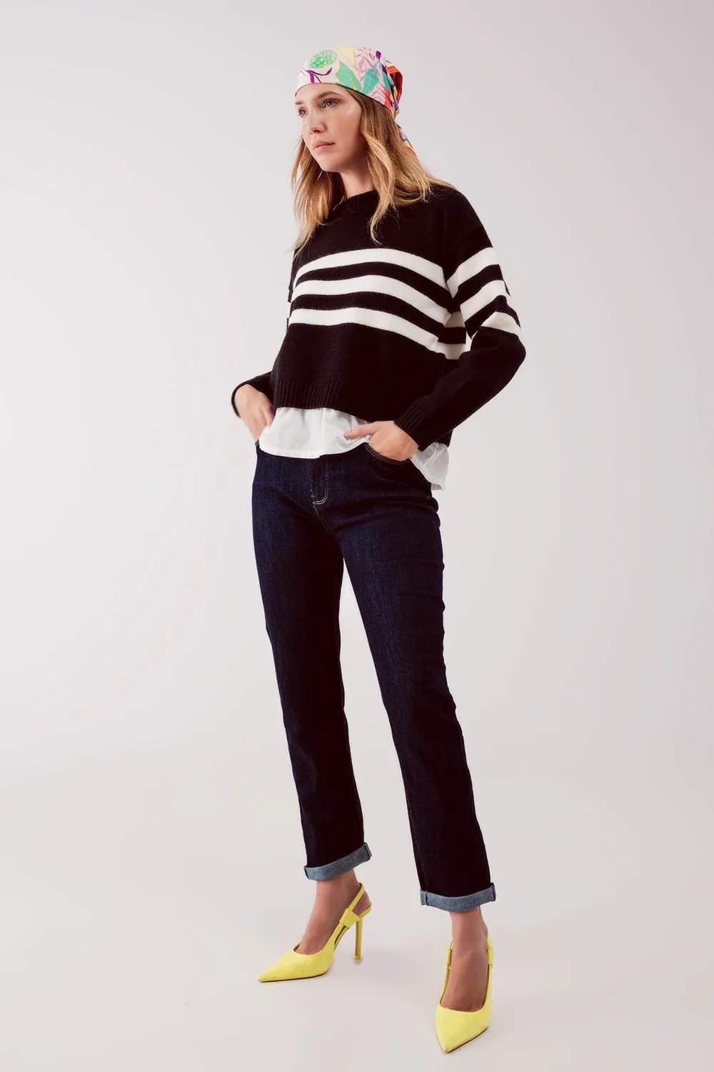 2 in 1 Striped sweater with shirt underlay in black