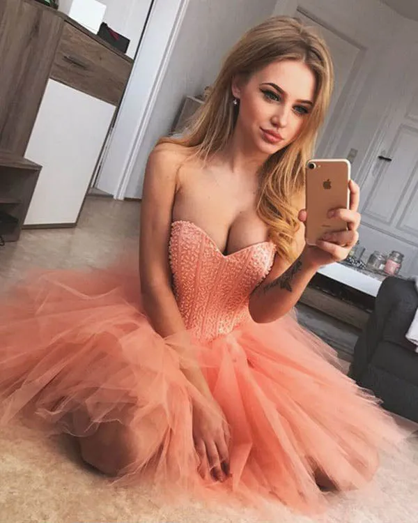 2018 Coral Homecoming Dresses Fashion Strapless Short Tulle Ruffles Prom Party Gowns Cocktail Dress