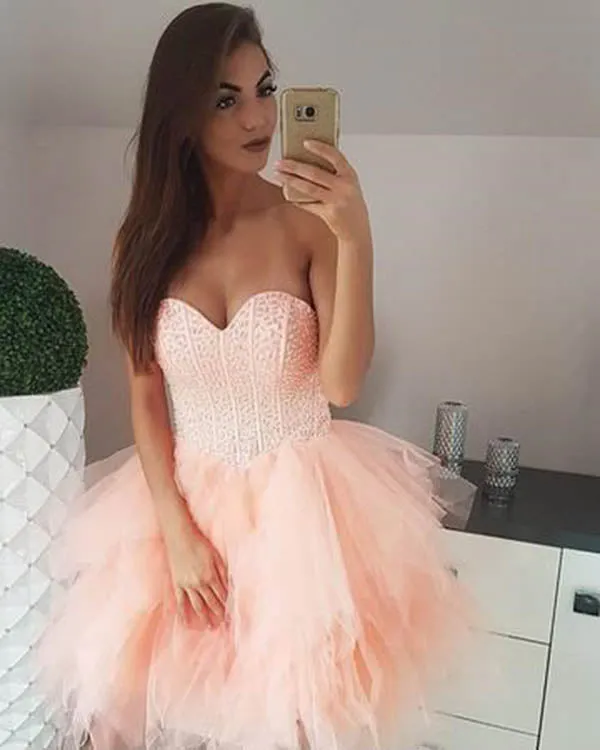 2018 Coral Homecoming Dresses Fashion Strapless Short Tulle Ruffles Prom Party Gowns Cocktail Dress