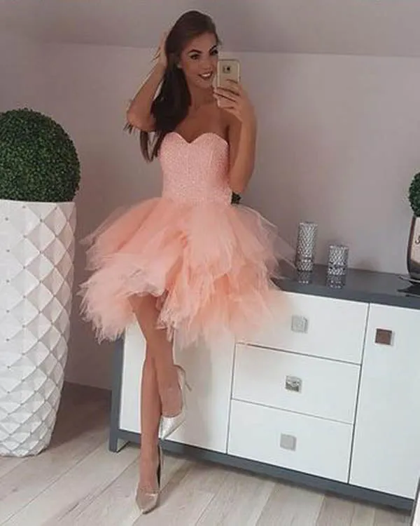 2018 Coral Homecoming Dresses Fashion Strapless Short Tulle Ruffles Prom Party Gowns Cocktail Dress