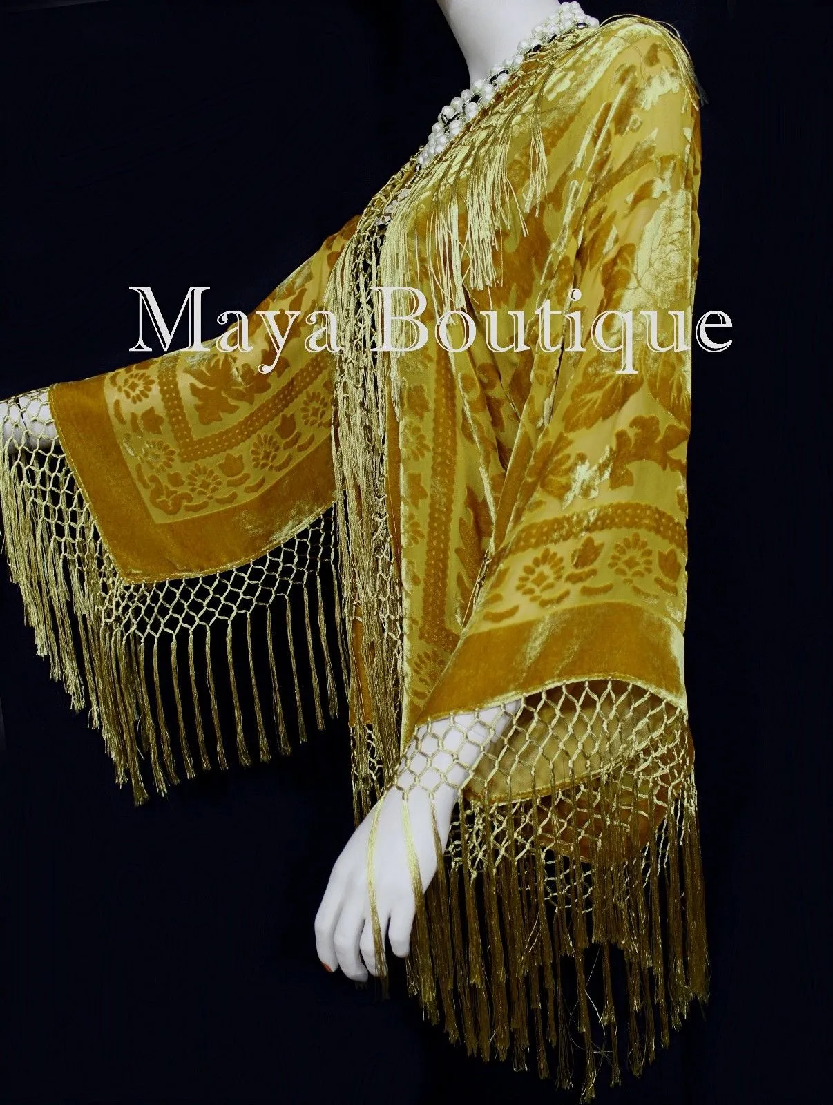 Antique Gold Fringe Jacket Short Kimono Duster Silk Burnout Velvet Maya Matazaro
