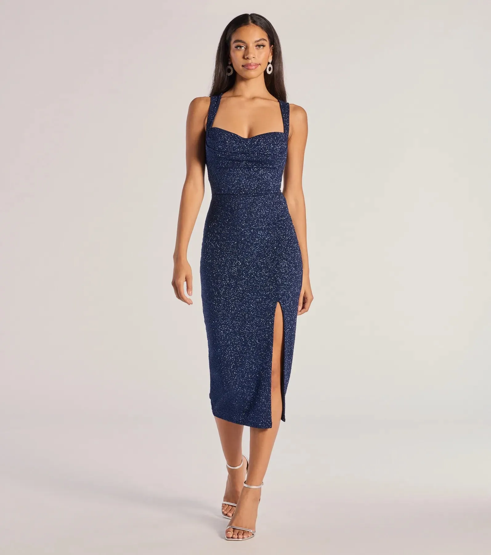 Arlette Lace-Up High Slit Glitter Knit Midi Dress