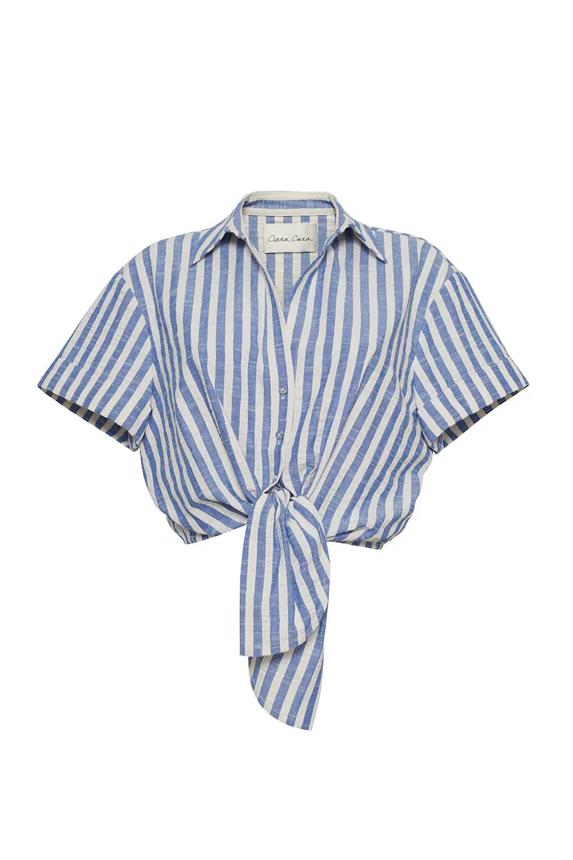 Asbury Top Ivory-Blue Striped Seersucker