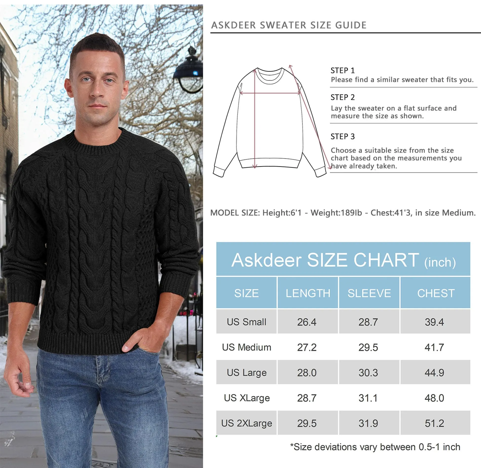 Askdeer Men's Crewneck Sweater Cable Knit Pullover Sweater Soft Casual Long Sleeve Textured Sweater Tops