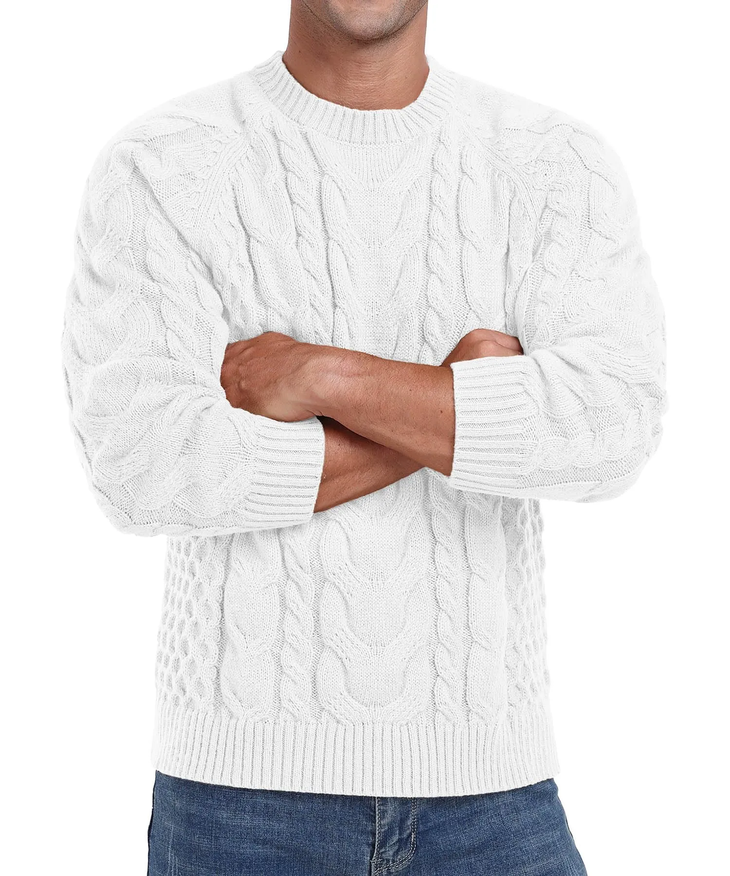 Askdeer Men's Crewneck Sweater Cable Knit Pullover Sweater Soft Casual Long Sleeve Textured Sweater Tops