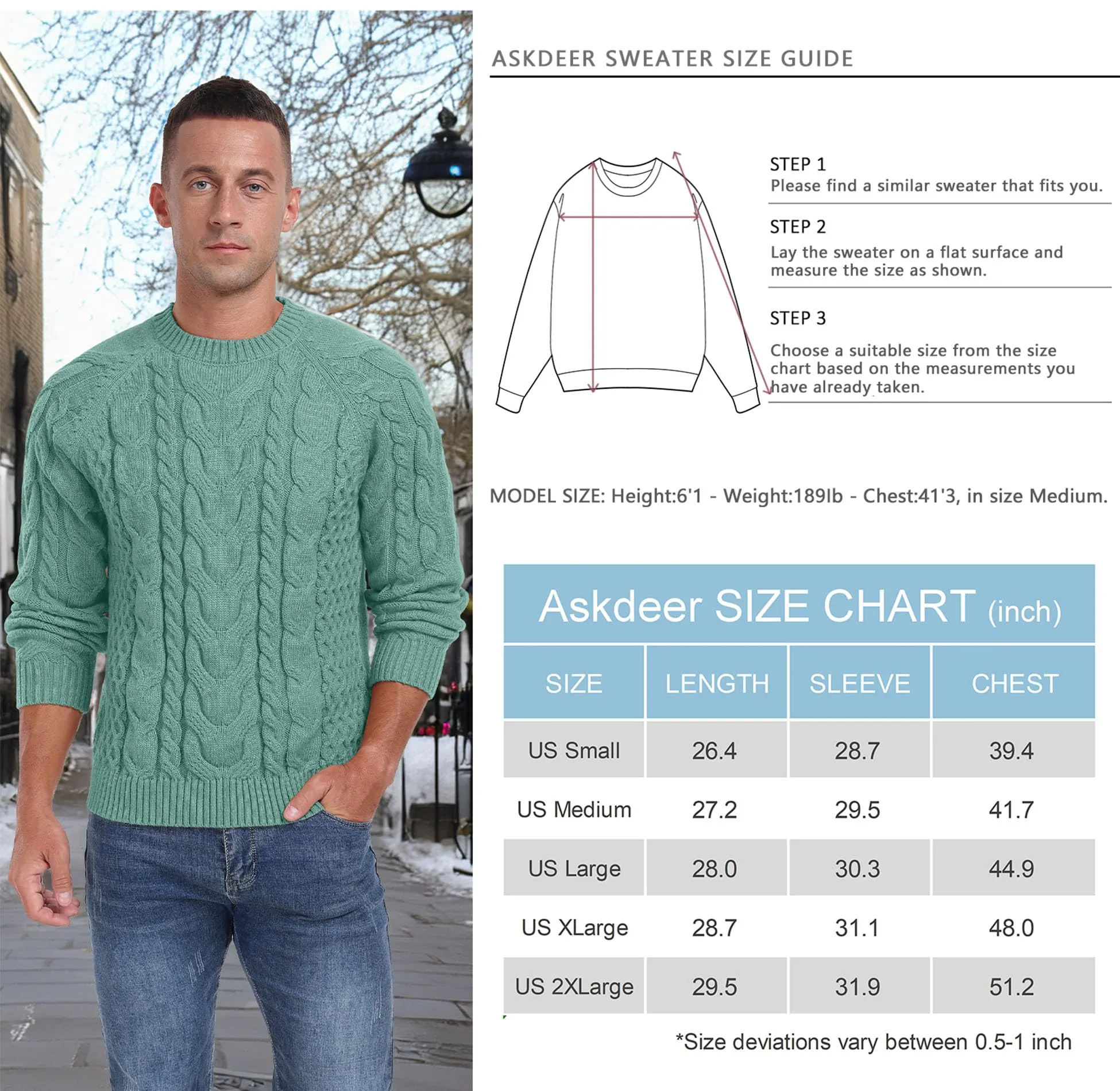 Askdeer Men's Crewneck Sweater Cable Knit Pullover Sweater Soft Casual Long Sleeve Textured Sweater Tops