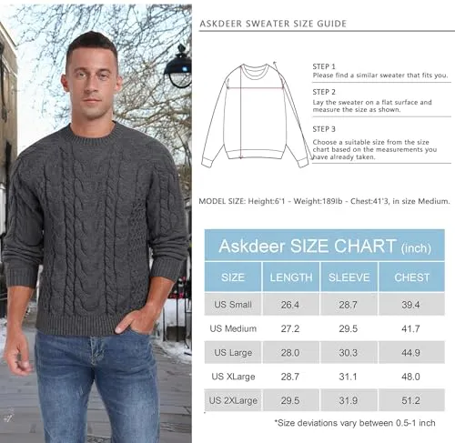 Askdeer Men's Crewneck Sweater Cable Knit Pullover Sweater Soft Casual Long Sleeve Textured Sweater Tops
