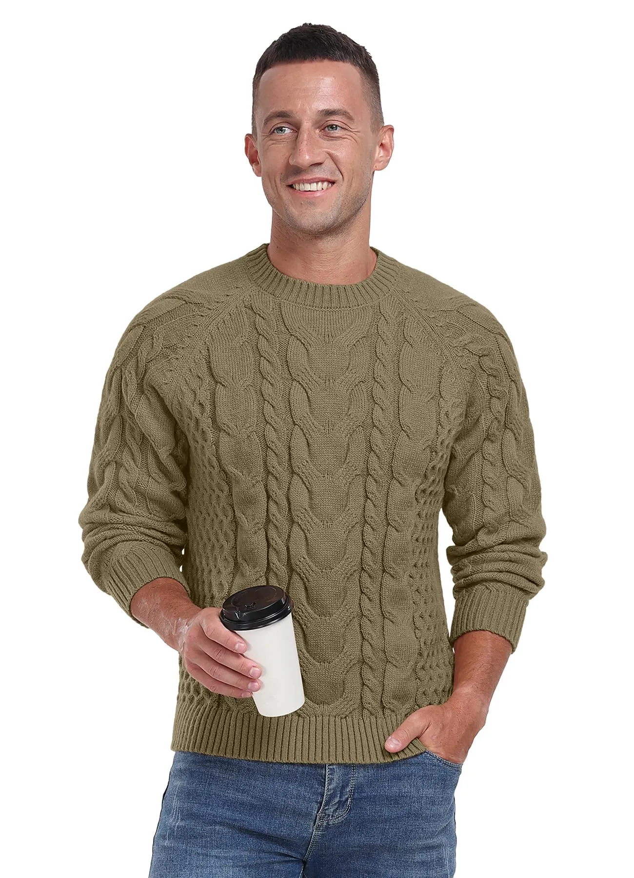 Askdeer Men's Crewneck Sweater Cable Knit Pullover Sweater Soft Casual Long Sleeve Textured Sweater Tops