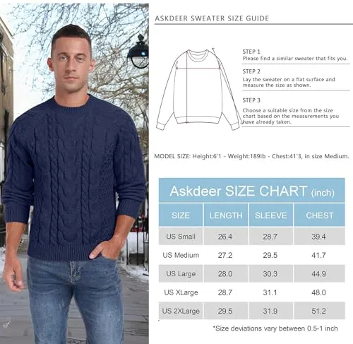 Askdeer Men's Crewneck Sweater Cable Knit Pullover Sweater Soft Casual Long Sleeve Textured Sweater Tops