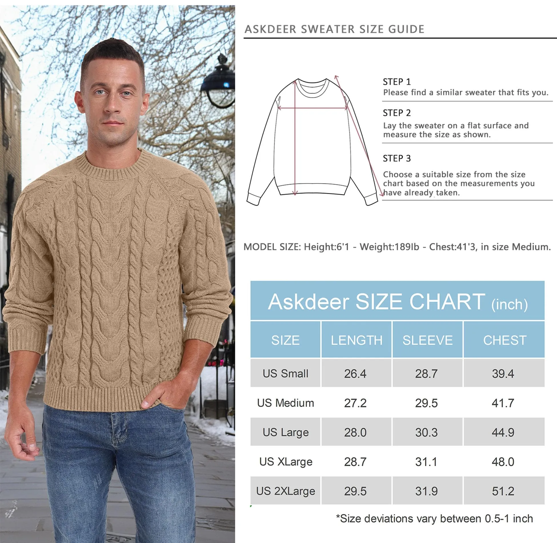 Askdeer Men's Crewneck Sweater Cable Knit Pullover Sweater Soft Casual Long Sleeve Textured Sweater Tops