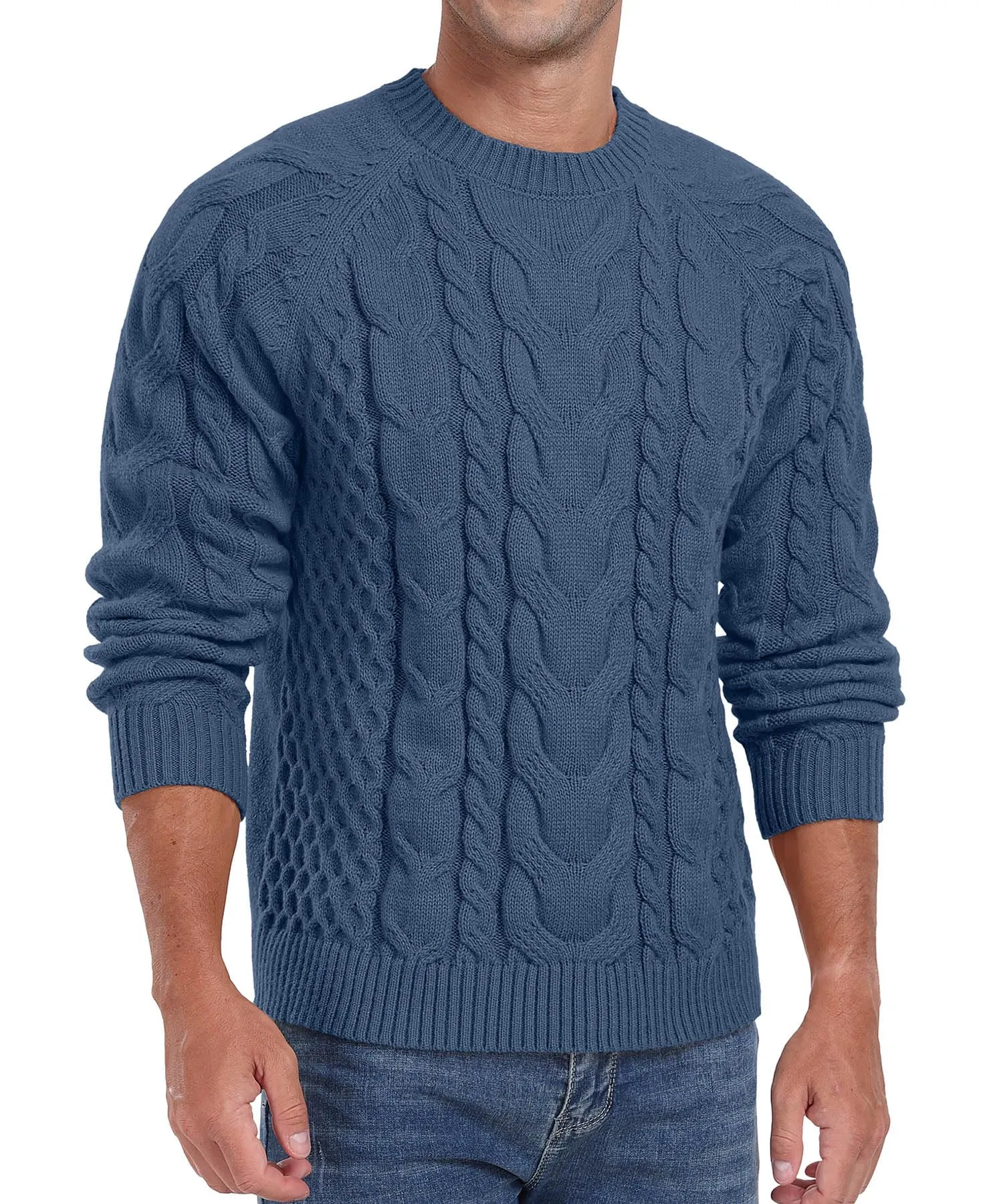 Askdeer Men's Crewneck Sweater Cable Knit Pullover Sweater Soft Casual Long Sleeve Textured Sweater Tops