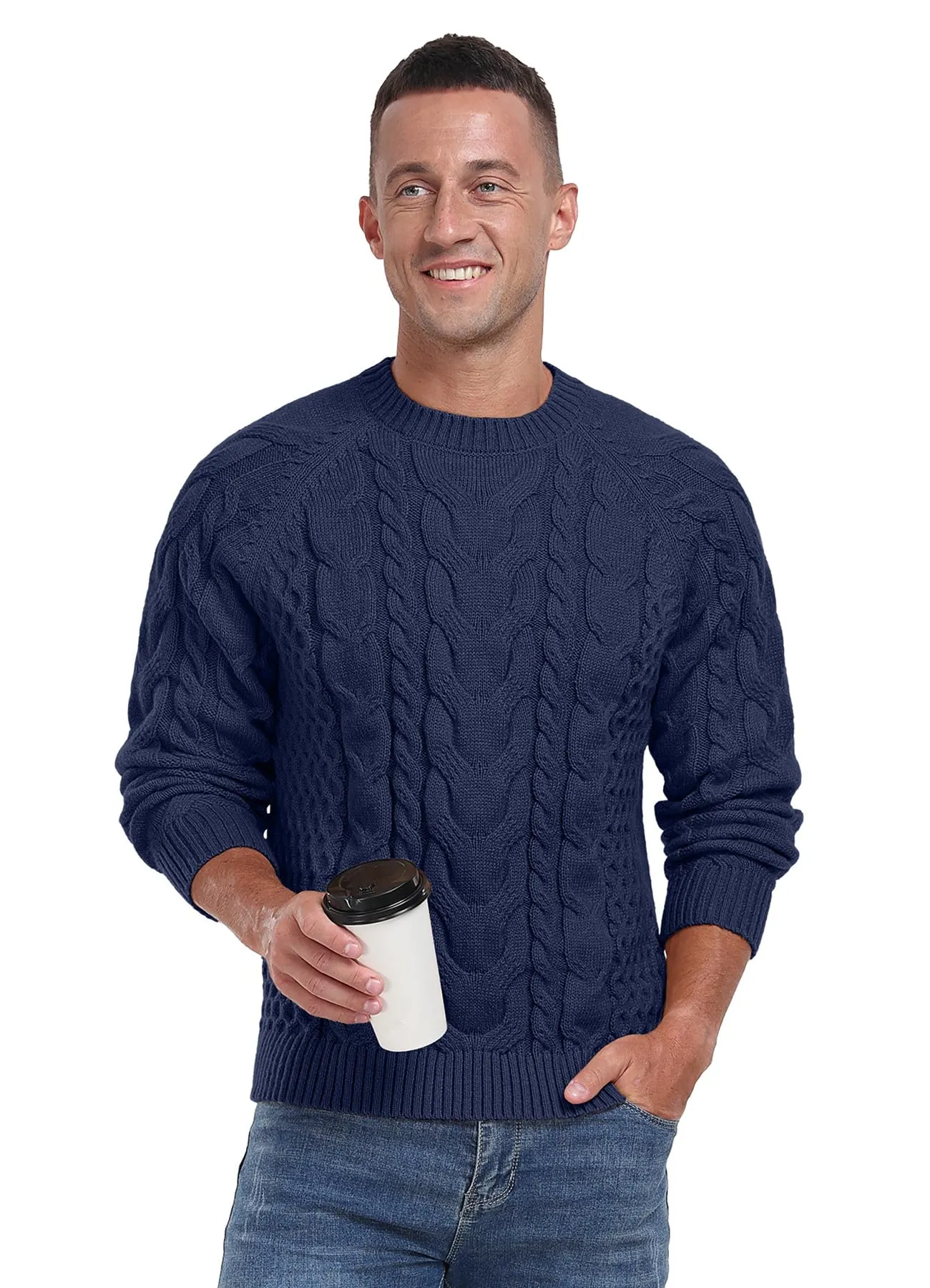 Askdeer Men's Crewneck Sweater Cable Knit Pullover Sweater Soft Casual Long Sleeve Textured Sweater Tops