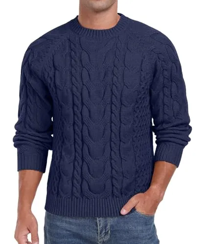Askdeer Men's Crewneck Sweater Cable Knit Pullover Sweater Soft Casual Long Sleeve Textured Sweater Tops