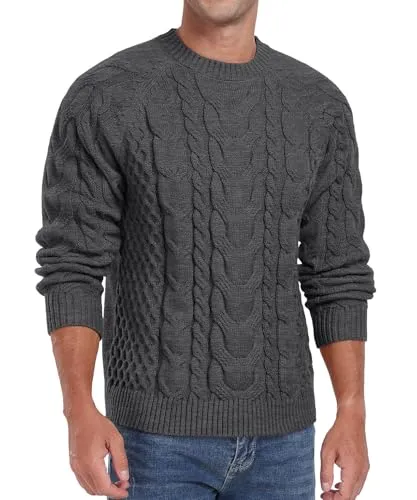 Askdeer Men's Crewneck Sweater Cable Knit Pullover Sweater Soft Casual Long Sleeve Textured Sweater Tops
