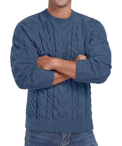 Askdeer Men's Crewneck Sweater Cable Knit Pullover Sweater Soft Casual Long Sleeve Textured Sweater Tops