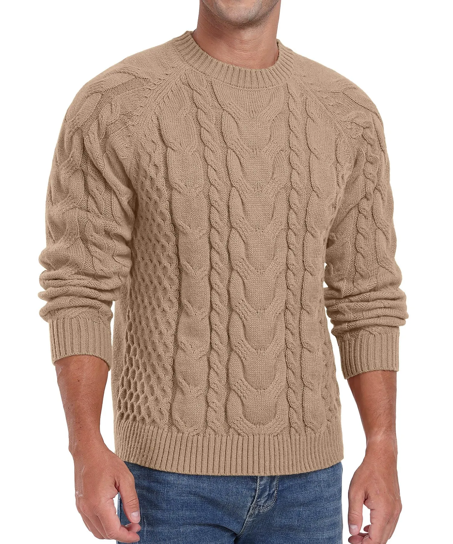 Askdeer Men's Crewneck Sweater Cable Knit Pullover Sweater Soft Casual Long Sleeve Textured Sweater Tops