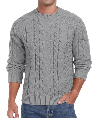 Askdeer Men's Crewneck Sweater Cable Knit Pullover Sweater Soft Casual Long Sleeve Textured Sweater Tops