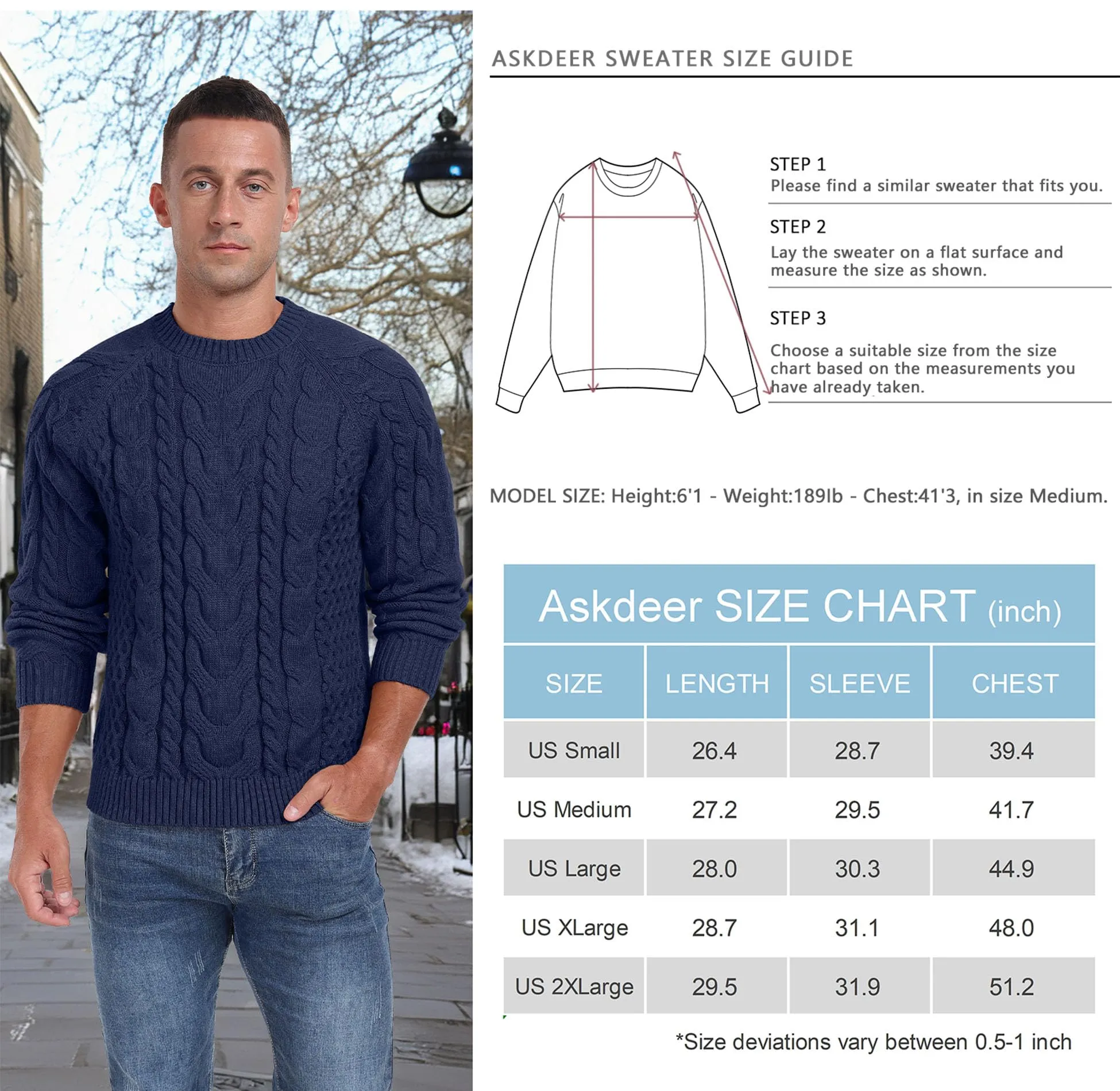Askdeer Men's Crewneck Sweater Cable Knit Pullover Sweater Soft Casual Long Sleeve Textured Sweater Tops