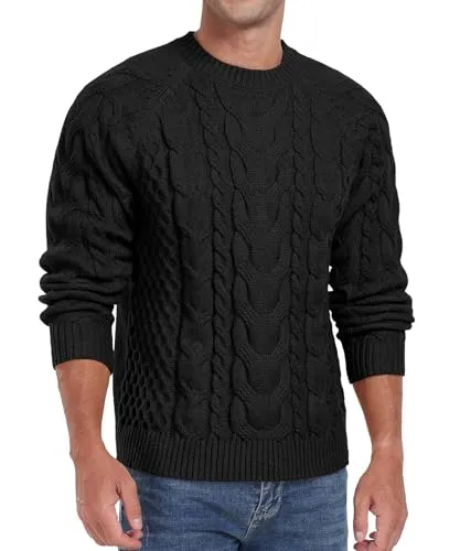 Askdeer Men's Crewneck Sweater Cable Knit Pullover Sweater Soft Casual Long Sleeve Textured Sweater Tops