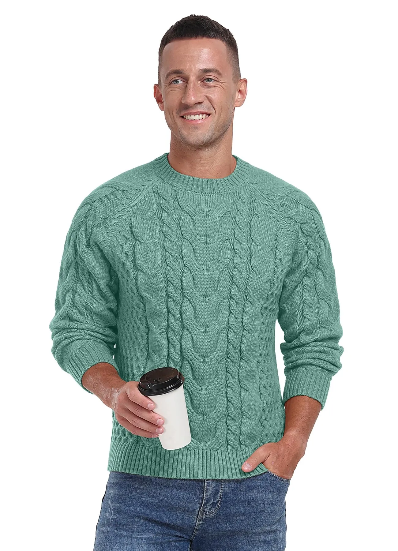 Askdeer Men's Crewneck Sweater Cable Knit Pullover Sweater Soft Casual Long Sleeve Textured Sweater Tops