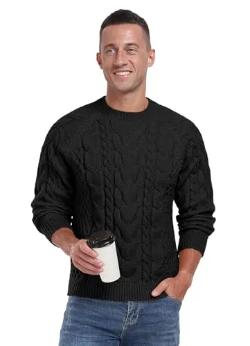 Askdeer Men's Crewneck Sweater Cable Knit Pullover Sweater Soft Casual Long Sleeve Textured Sweater Tops