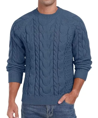 Askdeer Men's Crewneck Sweater Cable Knit Pullover Sweater Soft Casual Long Sleeve Textured Sweater Tops