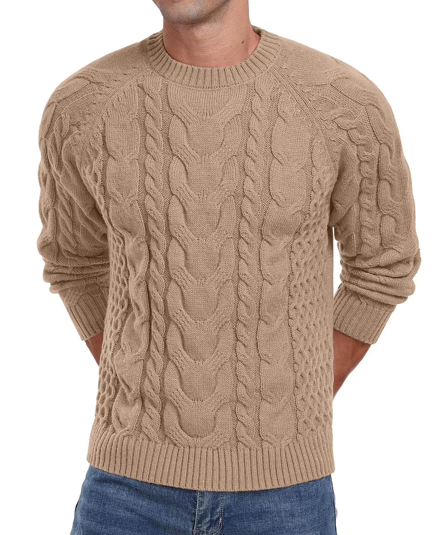 Askdeer Men's Crewneck Sweater Cable Knit Pullover Sweater Soft Casual Long Sleeve Textured Sweater Tops