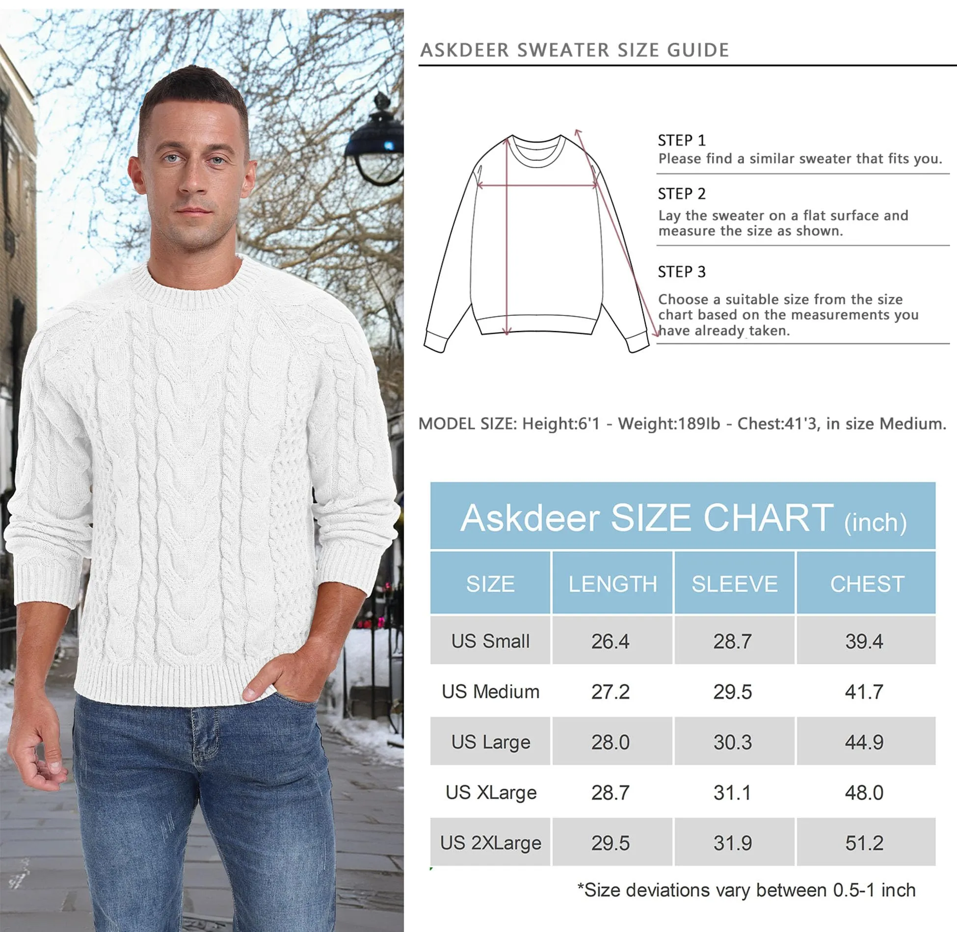 Askdeer Men's Crewneck Sweater Cable Knit Pullover Sweater Soft Casual Long Sleeve Textured Sweater Tops