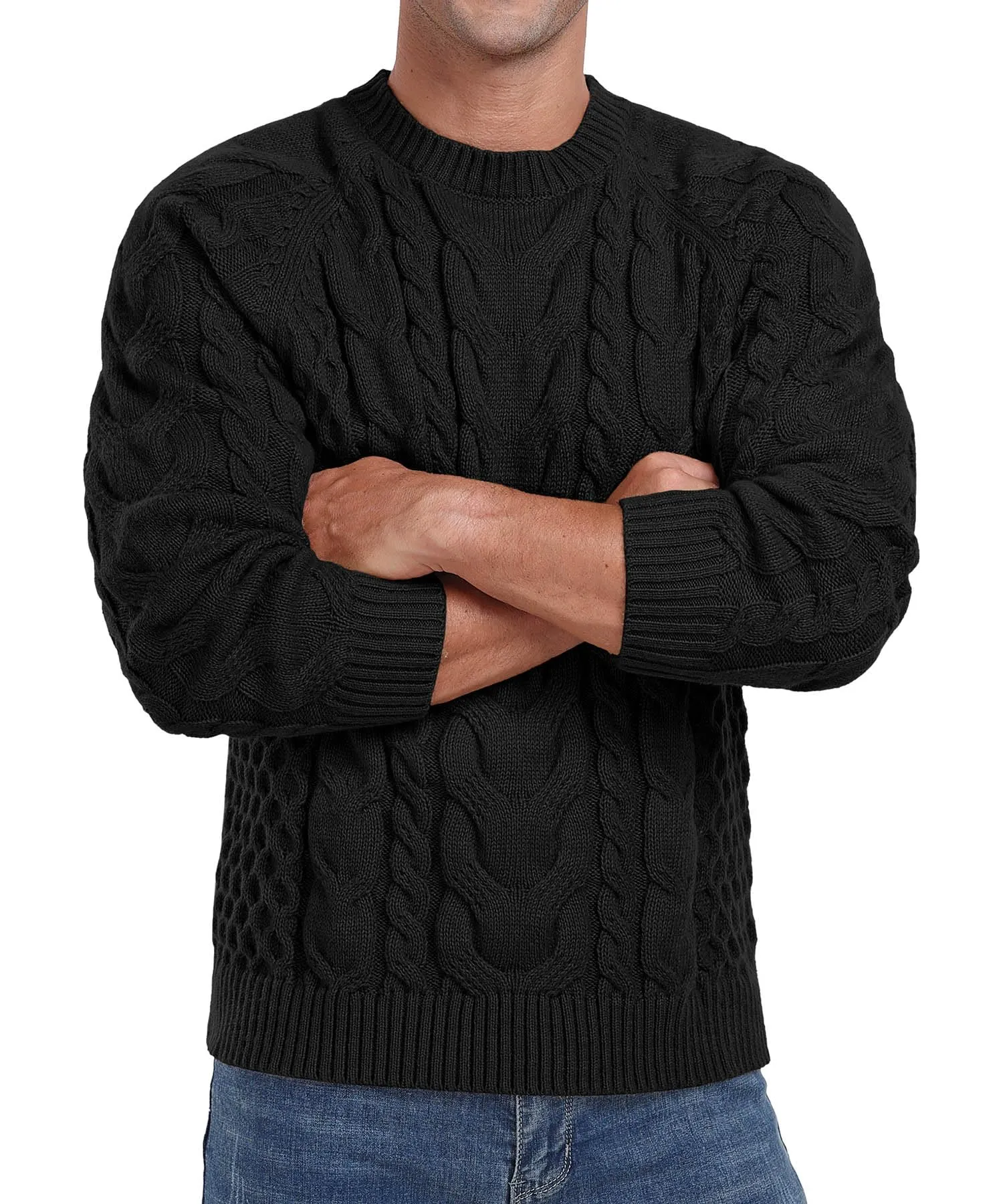 Askdeer Men's Crewneck Sweater Cable Knit Pullover Sweater Soft Casual Long Sleeve Textured Sweater Tops
