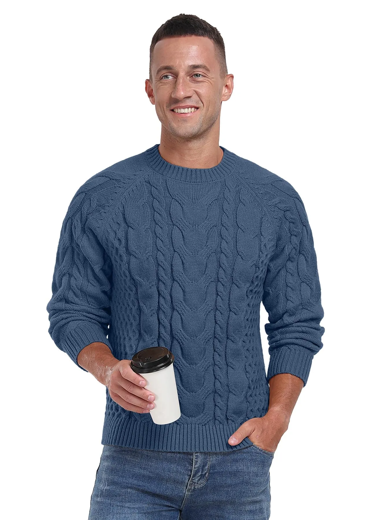 Askdeer Men's Crewneck Sweater Cable Knit Pullover Sweater Soft Casual Long Sleeve Textured Sweater Tops