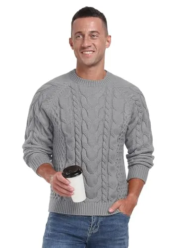 Askdeer Men's Crewneck Sweater Cable Knit Pullover Sweater Soft Casual Long Sleeve Textured Sweater Tops