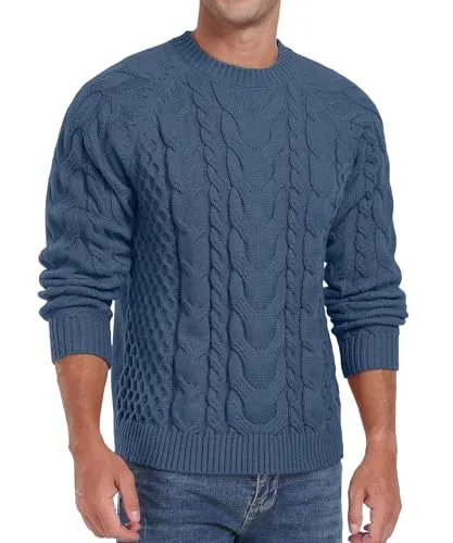 Askdeer Men's Crewneck Sweater Cable Knit Pullover Sweater Soft Casual Long Sleeve Textured Sweater Tops