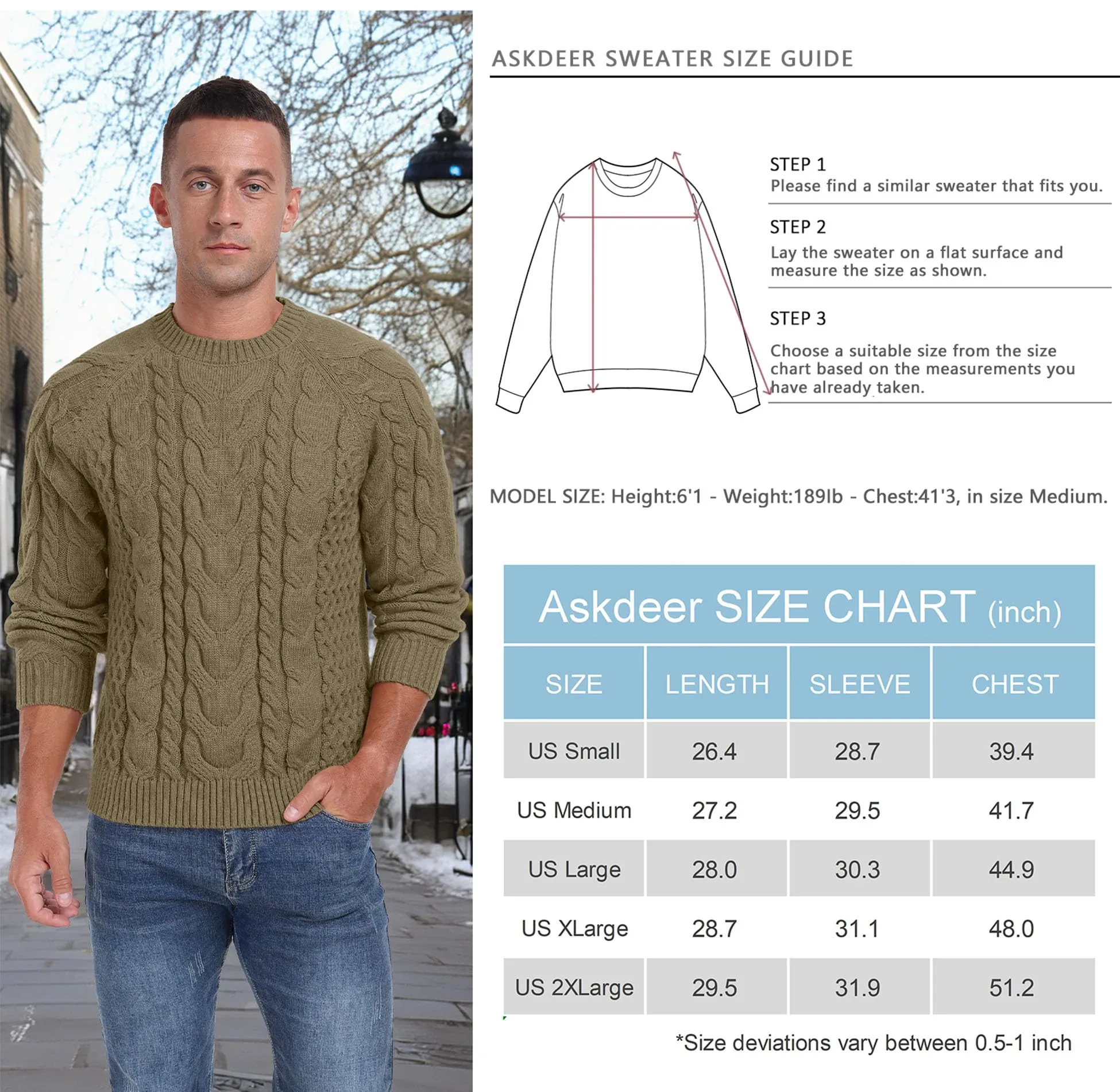 Askdeer Men's Crewneck Sweater Cable Knit Pullover Sweater Soft Casual Long Sleeve Textured Sweater Tops