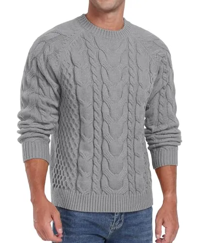 Askdeer Men's Crewneck Sweater Cable Knit Pullover Sweater Soft Casual Long Sleeve Textured Sweater Tops