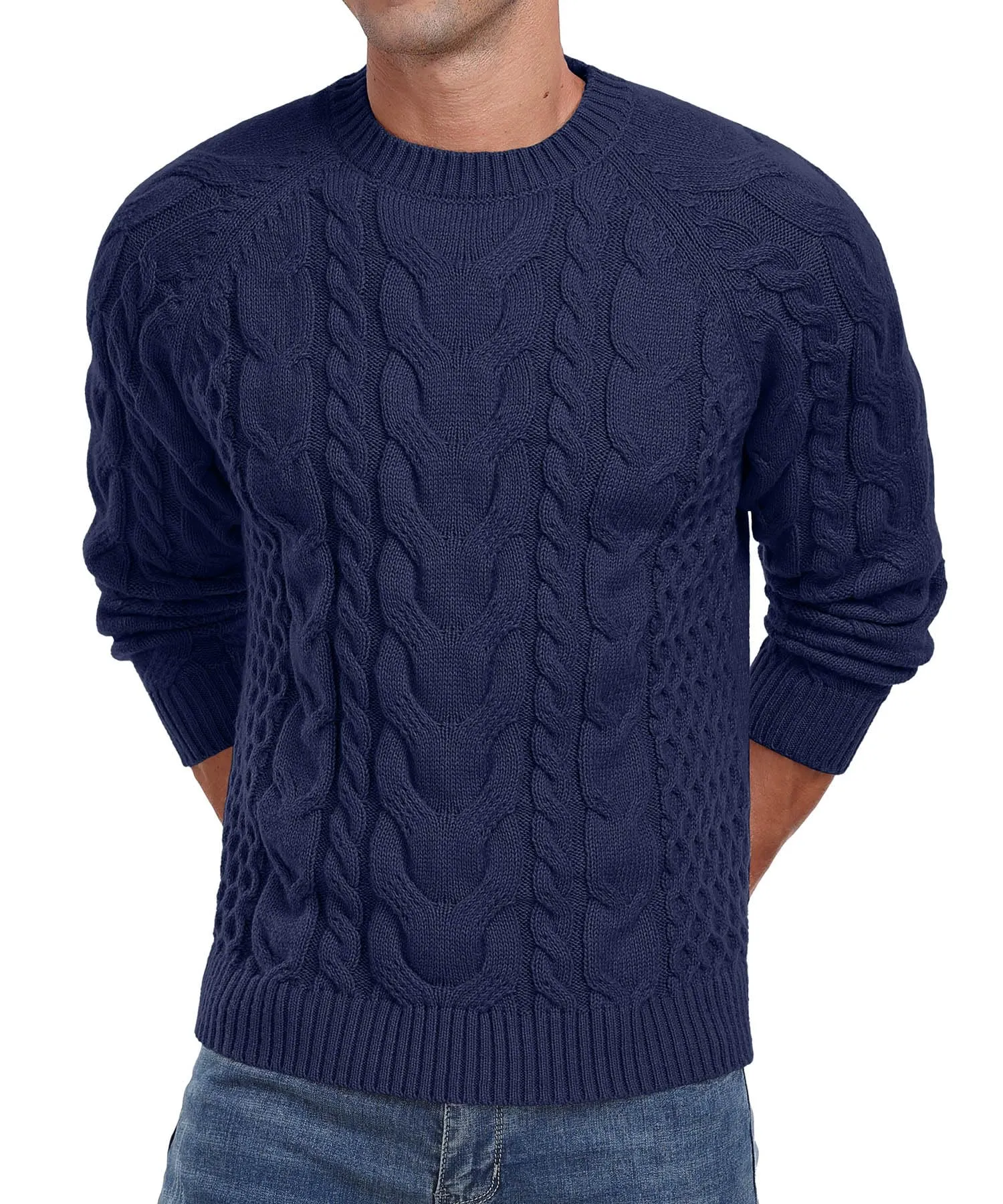 Askdeer Men's Crewneck Sweater Cable Knit Pullover Sweater Soft Casual Long Sleeve Textured Sweater Tops