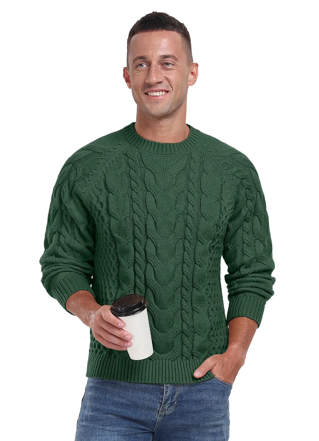 Askdeer Men's Crewneck Sweater Cable Knit Pullover Sweater Soft Casual Long Sleeve Textured Sweater Tops
