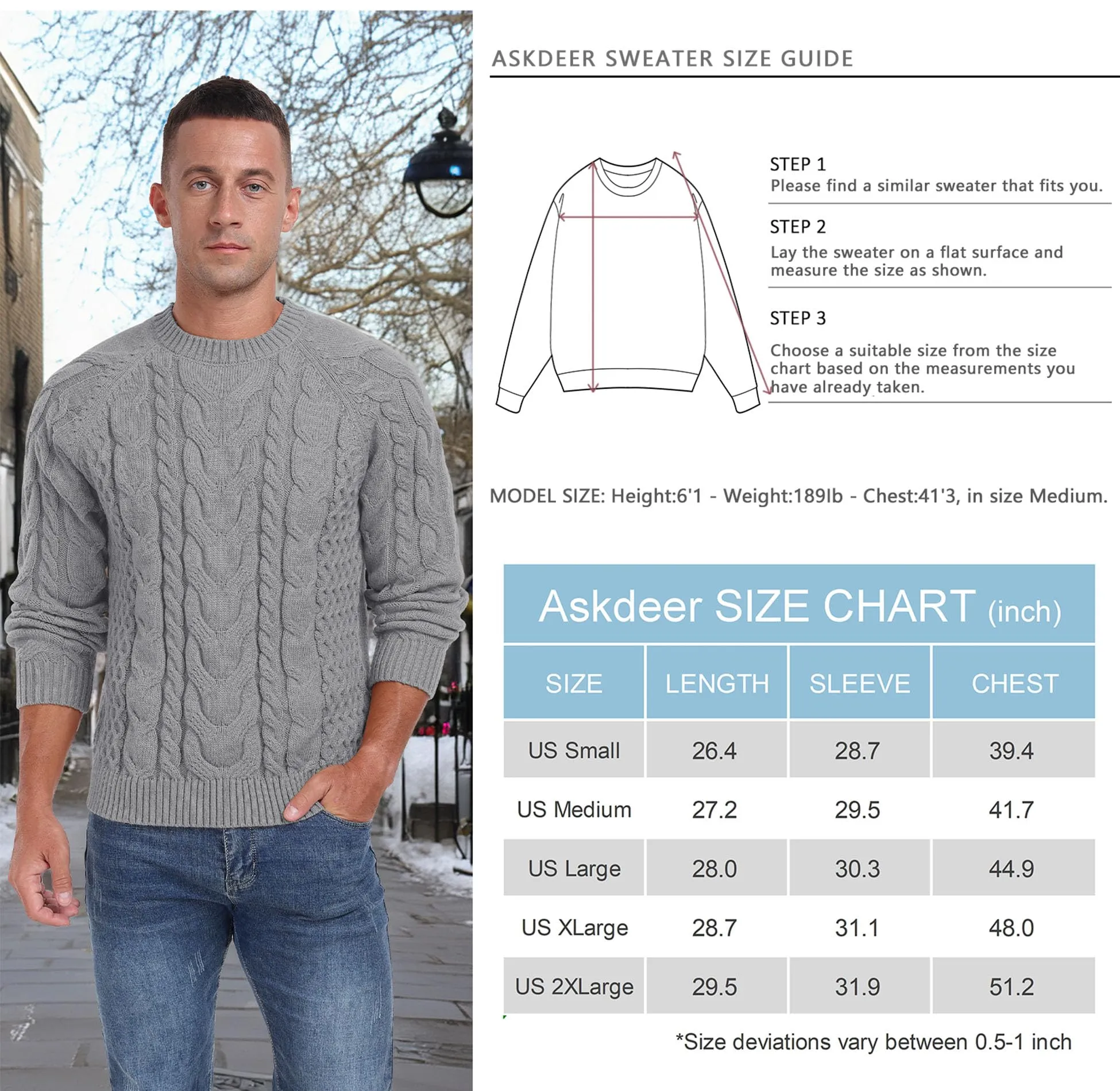 Askdeer Men's Crewneck Sweater Cable Knit Pullover Sweater Soft Casual Long Sleeve Textured Sweater Tops