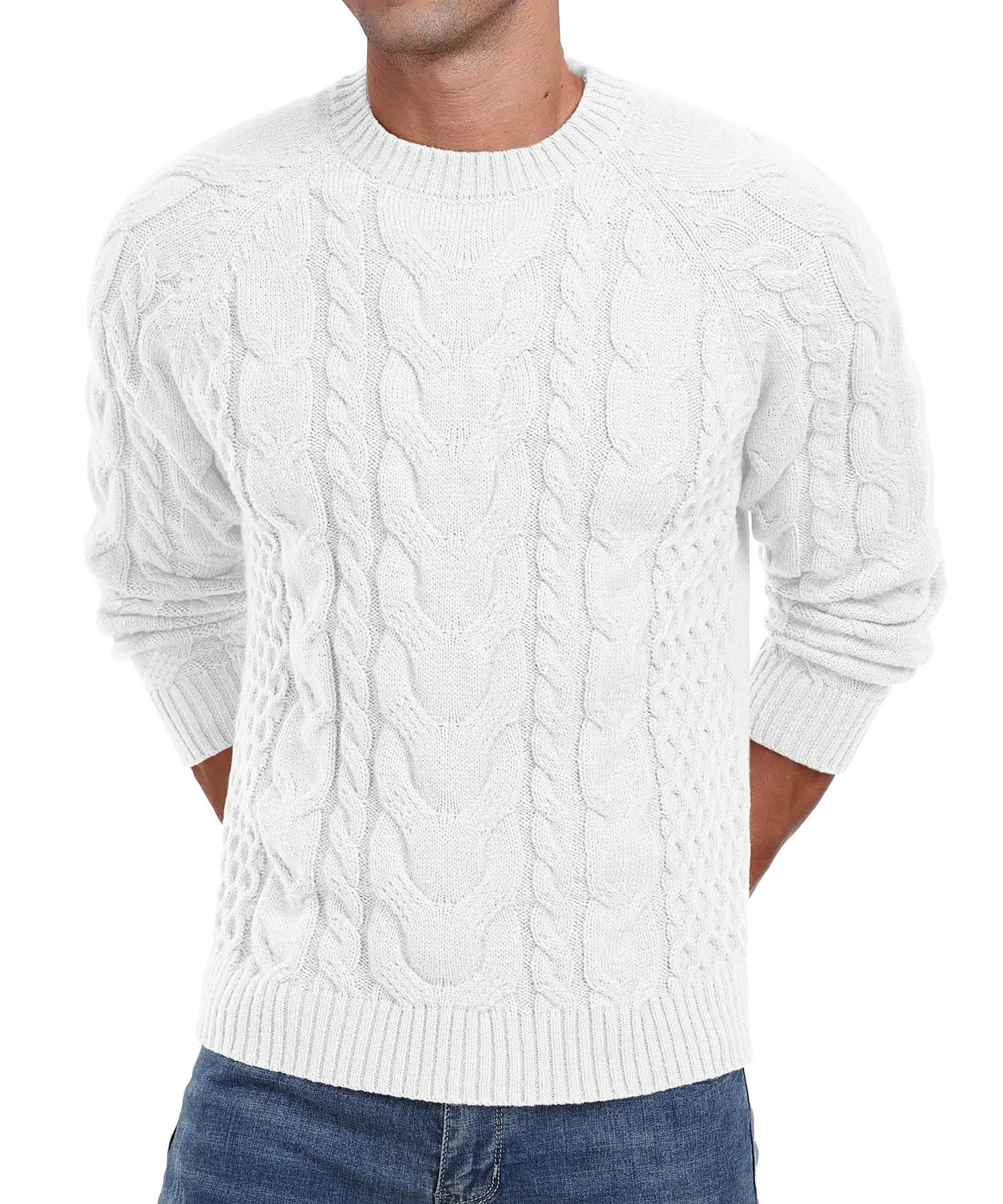 Askdeer Men's Crewneck Sweater Cable Knit Pullover Sweater Soft Casual Long Sleeve Textured Sweater Tops