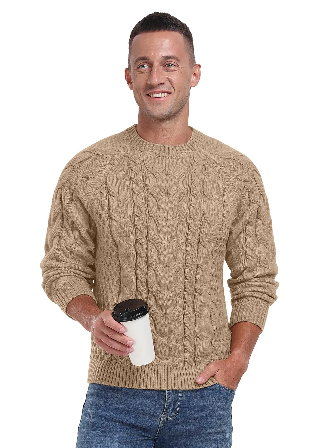 Askdeer Men's Crewneck Sweater Cable Knit Pullover Sweater Soft Casual Long Sleeve Textured Sweater Tops