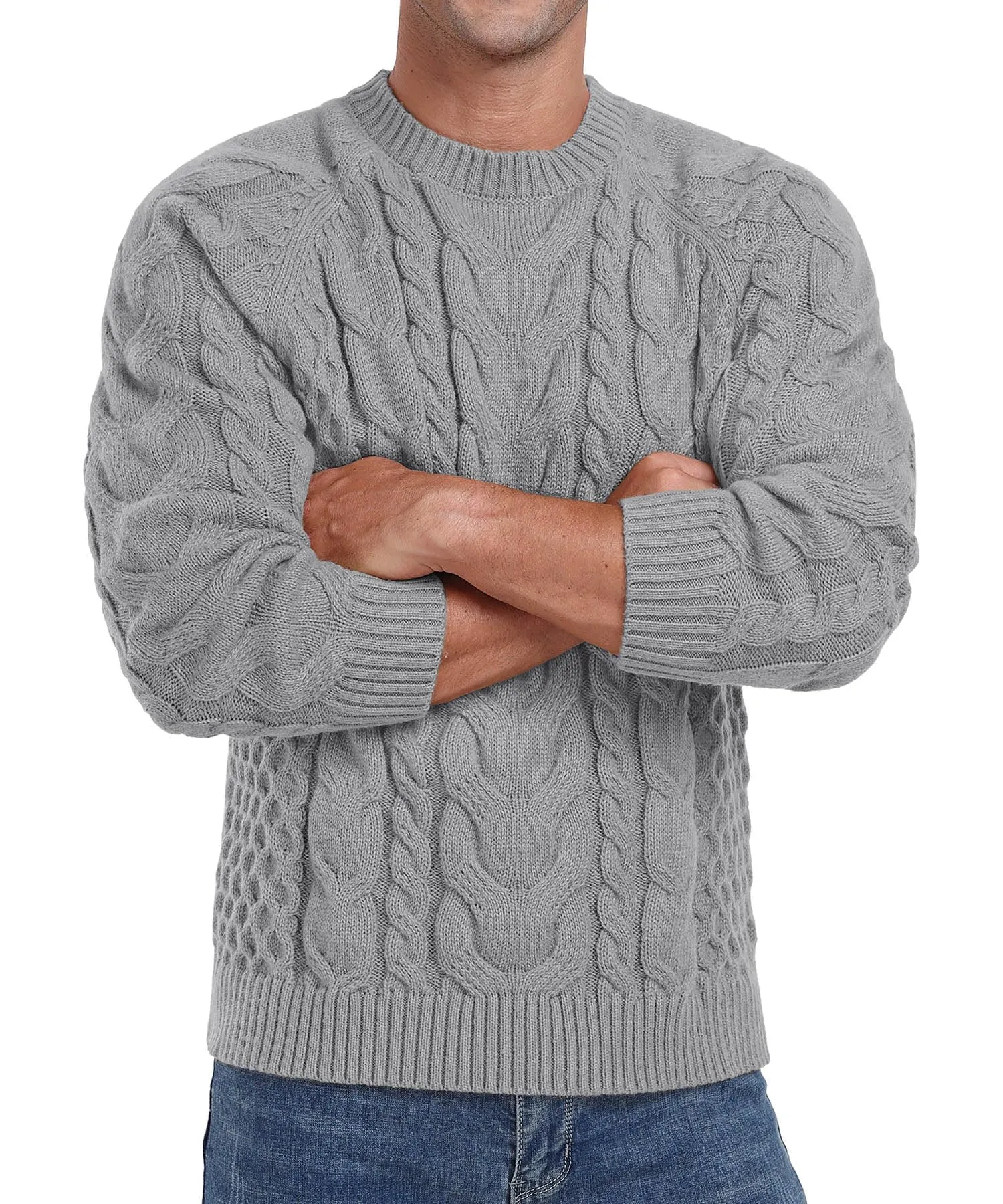 Askdeer Men's Crewneck Sweater Cable Knit Pullover Sweater Soft Casual Long Sleeve Textured Sweater Tops