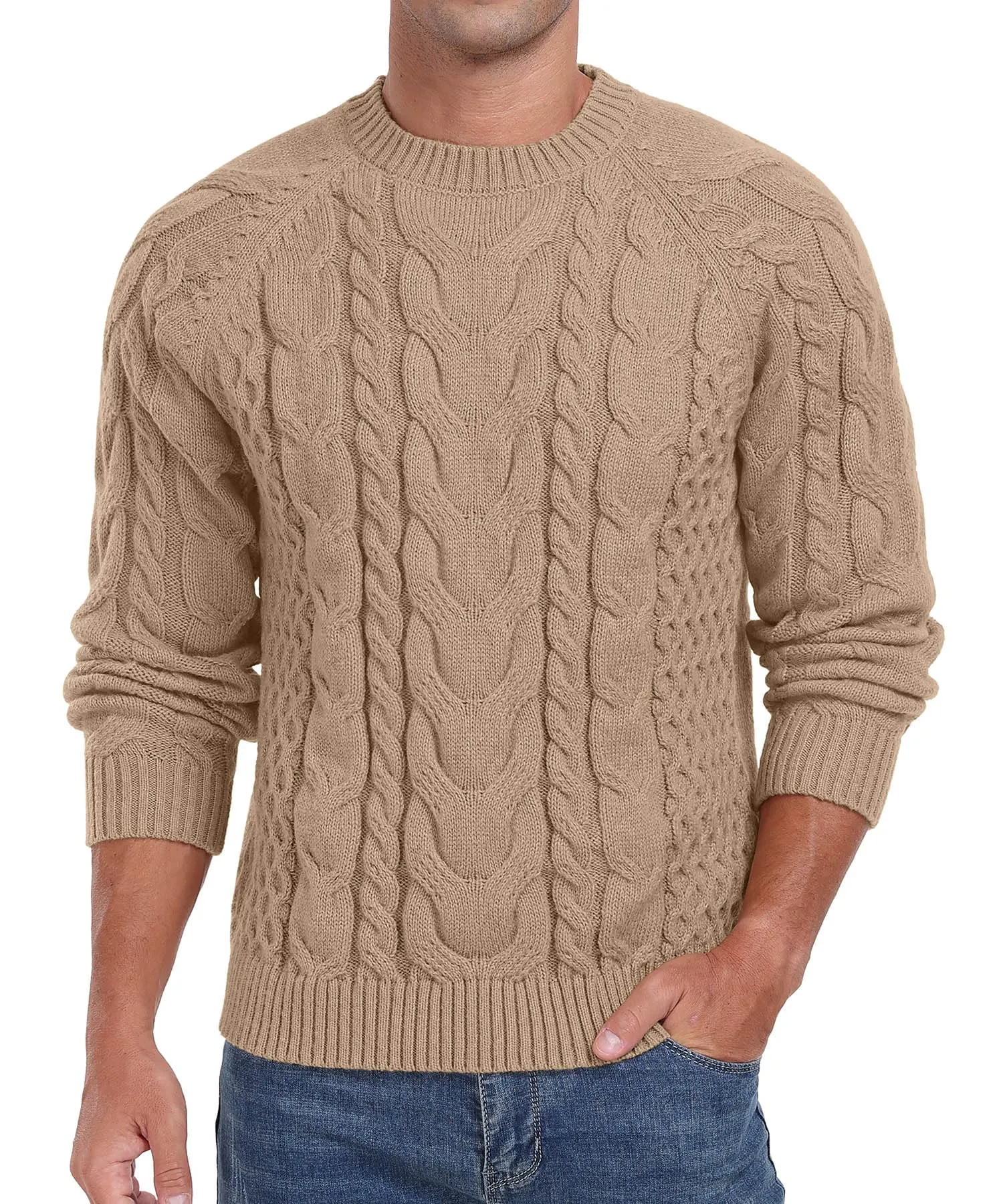 Askdeer Men's Crewneck Sweater Cable Knit Pullover Sweater Soft Casual Long Sleeve Textured Sweater Tops