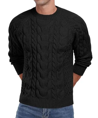 Askdeer Men's Crewneck Sweater Cable Knit Pullover Sweater Soft Casual Long Sleeve Textured Sweater Tops