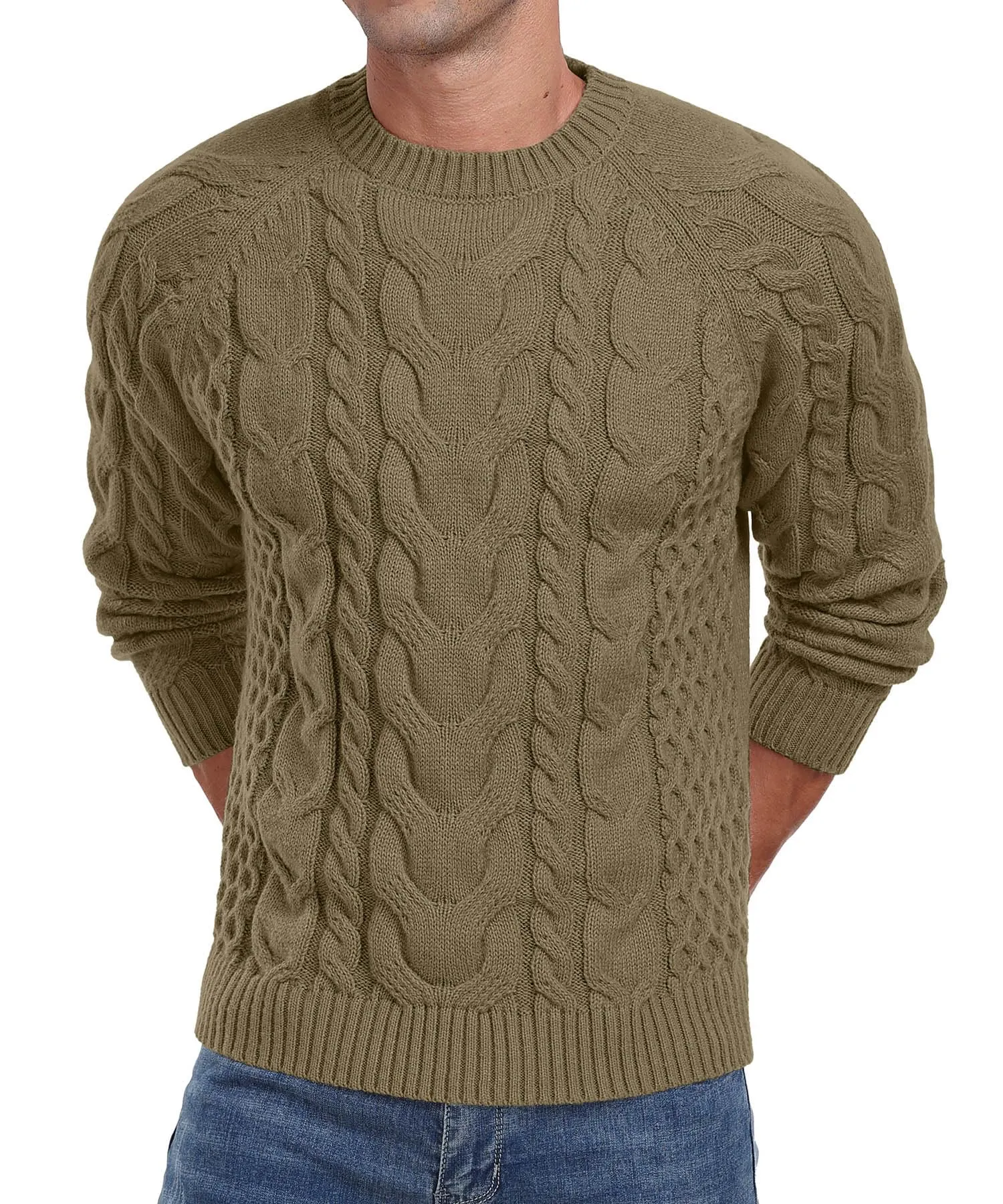Askdeer Men's Crewneck Sweater Cable Knit Pullover Sweater Soft Casual Long Sleeve Textured Sweater Tops