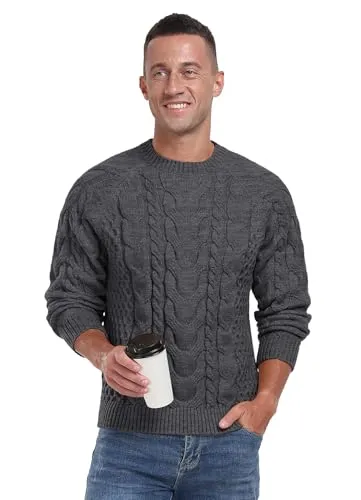 Askdeer Men's Crewneck Sweater Cable Knit Pullover Sweater Soft Casual Long Sleeve Textured Sweater Tops