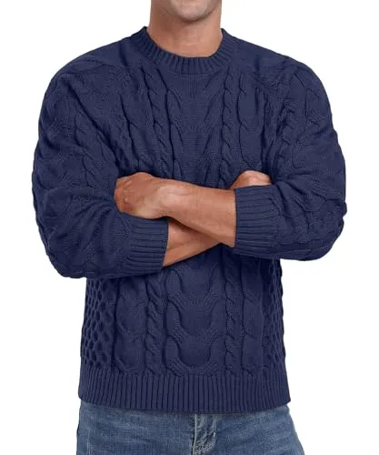 Askdeer Men's Crewneck Sweater Cable Knit Pullover Sweater Soft Casual Long Sleeve Textured Sweater Tops