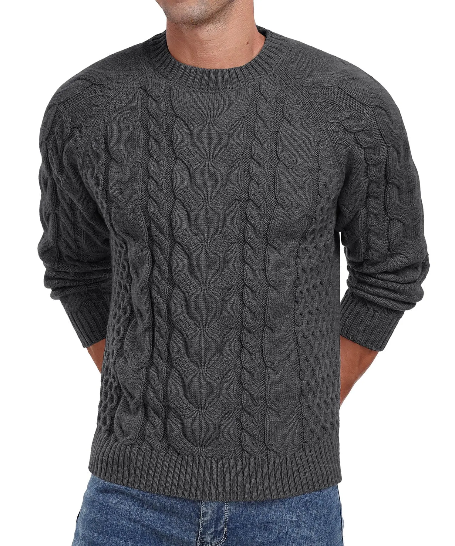 Askdeer Men's Crewneck Sweater Cable Knit Pullover Sweater Soft Casual Long Sleeve Textured Sweater Tops