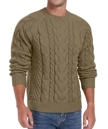 Askdeer Men's Crewneck Sweater Cable Knit Pullover Sweater Soft Casual Long Sleeve Textured Sweater Tops