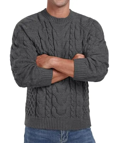 Askdeer Men's Crewneck Sweater Cable Knit Pullover Sweater Soft Casual Long Sleeve Textured Sweater Tops