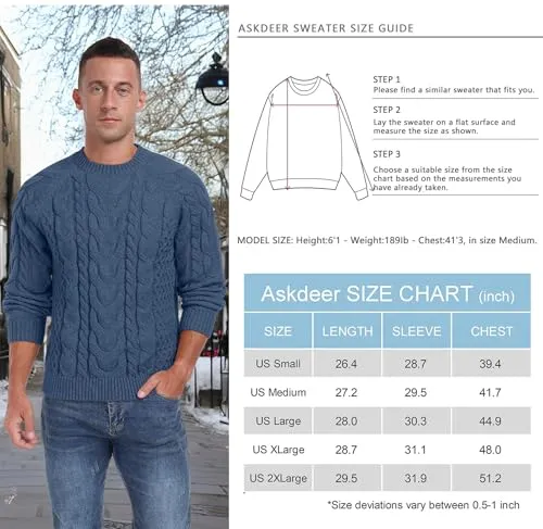 Askdeer Men's Crewneck Sweater Cable Knit Pullover Sweater Soft Casual Long Sleeve Textured Sweater Tops